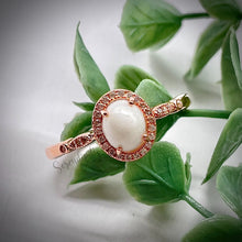 Load image into Gallery viewer, 6x8mm Oval Breast Milk Keepsake Ring with Halo and Marquise Band of Cubic Zirconia