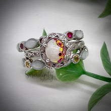 Load image into Gallery viewer, 6x8mm Oval Breast Milk Keepsake Ring with Marquise Halo and Band of Cubic Zirconia and Stacking Half Bands