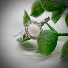 Load image into Gallery viewer, 6x8mm Oval Breast Milk Keepsake Ring with Halo and Marquise Band of Cubic Zirconia