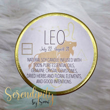 Load image into Gallery viewer, 6oz natural soy wax candle with a double wood wick. I created a special blend of essential oils that are associated with each particular zodiac sign. Each are also infused with floral elements, herbs, and genuine crystal gemstones, each candle containing those specific to their sign.