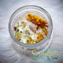 Load image into Gallery viewer, 6oz natural soy wax candle with a double wood wick. I created a special blend of essential oils that are associated with each particular zodiac sign. Each are also infused with floral elements, herbs, and genuine crystal gemstones, each candle containing those specific to their sign.