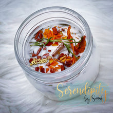 Load image into Gallery viewer, 6oz natural soy wax candle with a double wood wick. I created a special blend of essential oils that are associated with each particular zodiac sign. Each are also infused with floral elements, herbs, and genuine crystal gemstones, each candle containing those specific to their sign.