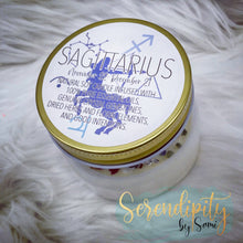 Load image into Gallery viewer, 6oz natural soy wax candle with a double wood wick. I created a special blend of essential oils that are associated with each particular zodiac sign. Each are also infused with floral elements, herbs, and genuine crystal gemstones, each candle containing those specific to their sign.
