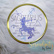 Load image into Gallery viewer, 6oz natural soy wax candle with a double wood wick. I created a special blend of essential oils that are associated with each particular zodiac sign. Each are also infused with floral elements, herbs, and genuine crystal gemstones, each candle containing those specific to their sign.