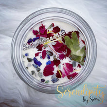 Load image into Gallery viewer, 6oz natural soy wax candle with a double wood wick. I created a special blend of essential oils that are associated with each particular zodiac sign. Each are also infused with floral elements, herbs, and genuine crystal gemstones, each candle containing those specific to their sign.