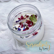 Load image into Gallery viewer, 6oz natural soy wax candle with a double wood wick. I created a special blend of essential oils that are associated with each particular zodiac sign. Each are also infused with floral elements, herbs, and genuine crystal gemstones, each candle containing those specific to their sign.