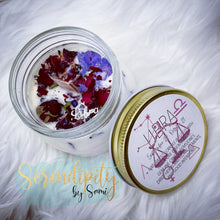 Load image into Gallery viewer, 6oz natural soy wax candle with a double wood wick. I created a special blend of essential oils that are associated with each particular zodiac sign. Each are also infused with floral elements, herbs, and genuine crystal gemstones, each candle containing those specific to their sign.