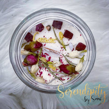 Load image into Gallery viewer, 6oz natural soy wax candle with a double wood wick. I created a special blend of essential oils that are associated with each particular zodiac sign. Each are also infused with floral elements, herbs, and genuine crystal gemstones, each candle containing those specific to their sign.