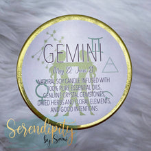 Load image into Gallery viewer, 6oz natural soy wax candle with a double wood wick. I created a special blend of essential oils that are associated with each particular zodiac sign. Each are also infused with floral elements, herbs, and genuine crystal gemstones, each candle containing those specific to their sign.