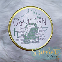Load image into Gallery viewer, 6oz natural soy wax candle with a double wood wick. I created a special blend of essential oils that are associated with each particular zodiac sign. Each are also infused with floral elements, herbs, and genuine crystal gemstones, each candle containing those specific to their sign.