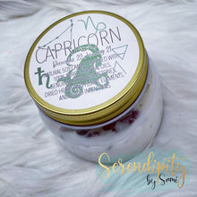 Load image into Gallery viewer, 6oz natural soy wax candle with a double wood wick. I created a special blend of essential oils that are associated with each particular zodiac sign. Each are also infused with floral elements, herbs, and genuine crystal gemstones, each candle containing those specific to their sign.