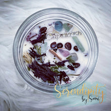 Load image into Gallery viewer, 6oz natural soy wax candle with a double wood wick. I created a special blend of essential oils that are associated with each particular zodiac sign. Each are also infused with floral elements, herbs, and genuine crystal gemstones, each candle containing those specific to their sign.