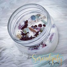 Load image into Gallery viewer, 6oz natural soy wax candle with a double wood wick. I created a special blend of essential oils that are associated with each particular zodiac sign. Each are also infused with floral elements, herbs, and genuine crystal gemstones, each candle containing those specific to their sign.