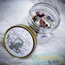 Load image into Gallery viewer, 6oz natural soy wax candle with a double wood wick. I created a special blend of essential oils that are associated with each particular zodiac sign. Each are also infused with floral elements, herbs, and genuine crystal gemstones, each candle containing those specific to their sign.