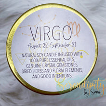 Load image into Gallery viewer, 6oz natural soy wax candle with a double wood wick. I created a special blend of essential oils that are associated with each particular zodiac sign. Each are also infused with floral elements, herbs, and genuine crystal gemstones, each candle containing those specific to their sign.