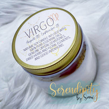 Load image into Gallery viewer, 6oz natural soy wax candle with a double wood wick. I created a special blend of essential oils that are associated with each particular zodiac sign. Each are also infused with floral elements, herbs, and genuine crystal gemstones, each candle containing those specific to their sign.