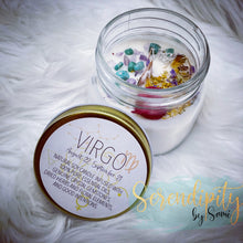 Load image into Gallery viewer, 6oz natural soy wax candle with a double wood wick. I created a special blend of essential oils that are associated with each particular zodiac sign. Each are also infused with floral elements, herbs, and genuine crystal gemstones, each candle containing those specific to their sign.