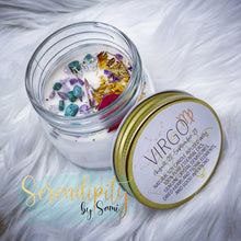 Load image into Gallery viewer, 6oz natural soy wax candle with a double wood wick. I created a special blend of essential oils that are associated with each particular zodiac sign. Each are also infused with floral elements, herbs, and genuine crystal gemstones, each candle containing those specific to their sign.