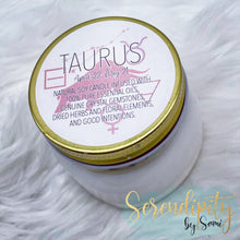Load image into Gallery viewer, 6oz natural soy wax candle with a double wood wick. I created a special blend of essential oils that are associated with each particular zodiac sign. Each are also infused with floral elements, herbs, and genuine crystal gemstones, each candle containing those specific to their sign.