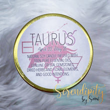 Load image into Gallery viewer, 6oz natural soy wax candle with a double wood wick. I created a special blend of essential oils that are associated with each particular zodiac sign. Each are also infused with floral elements, herbs, and genuine crystal gemstones, each candle containing those specific to their sign.