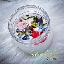Load image into Gallery viewer, 6oz natural soy wax candle with a double wood wick. I created a special blend of essential oils that are associated with each particular zodiac sign. Each are also infused with floral elements, herbs, and genuine crystal gemstones, each candle containing those specific to their sign.