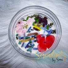 Load image into Gallery viewer, 6oz natural soy wax candle with a double wood wick. I created a special blend of essential oils that are associated with each particular zodiac sign. Each are also infused with floral elements, herbs, and genuine crystal gemstones, each candle containing those specific to their sign.