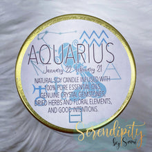 Load image into Gallery viewer, 6oz natural soy wax candle with a double wood wick. I created a special blend of essential oils that are associated with each particular zodiac sign. Each are also infused with floral elements, herbs, and genuine crystal gemstones, each candle containing those specific to their sign.