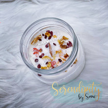 Load image into Gallery viewer, 6oz natural soy wax candle with a double wood wick. I created a special blend of essential oils that are associated with each particular zodiac sign. Each are also infused with floral elements, herbs, and genuine crystal gemstones, each candle containing those specific to their sign.