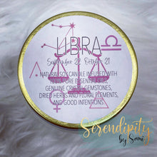 Load image into Gallery viewer, 6oz natural soy wax candle with a double wood wick. I created a special blend of essential oils that are associated with each particular zodiac sign. Each are also infused with floral elements, herbs, and genuine crystal gemstones, each candle containing those specific to their sign.