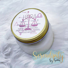 Load image into Gallery viewer, 6oz natural soy wax candle with a double wood wick. I created a special blend of essential oils that are associated with each particular zodiac sign. Each are also infused with floral elements, herbs, and genuine crystal gemstones, each candle containing those specific to their sign.