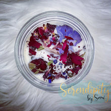 Load image into Gallery viewer, 6oz natural soy wax candle with a double wood wick. I created a special blend of essential oils that are associated with each particular zodiac sign. Each are also infused with floral elements, herbs, and genuine crystal gemstones, each candle containing those specific to their sign.