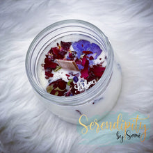 Load image into Gallery viewer, 6oz natural soy wax candle with a double wood wick. I created a special blend of essential oils that are associated with each particular zodiac sign. Each are also infused with floral elements, herbs, and genuine crystal gemstones, each candle containing those specific to their sign.