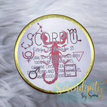 Load image into Gallery viewer, 6oz natural soy wax candle with a double wood wick. I created a special blend of essential oils that are associated with each particular zodiac sign. Each are also infused with floral elements, herbs, and genuine crystal gemstones, each candle containing those specific to their sign.