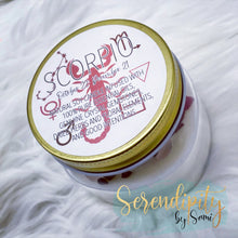 Load image into Gallery viewer, 6oz natural soy wax candle with a double wood wick. I created a special blend of essential oils that are associated with each particular zodiac sign. Each are also infused with floral elements, herbs, and genuine crystal gemstones, each candle containing those specific to their sign.