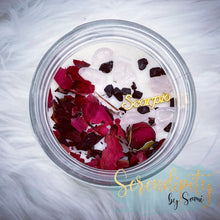 Load image into Gallery viewer, 6oz natural soy wax candle with a double wood wick. I created a special blend of essential oils that are associated with each particular zodiac sign. Each are also infused with floral elements, herbs, and genuine crystal gemstones, each candle containing those specific to their sign.