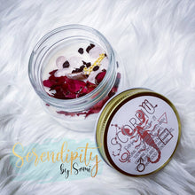 Load image into Gallery viewer, 6oz natural soy wax candle with a double wood wick. I created a special blend of essential oils that are associated with each particular zodiac sign. Each are also infused with floral elements, herbs, and genuine crystal gemstones, each candle containing those specific to their sign.