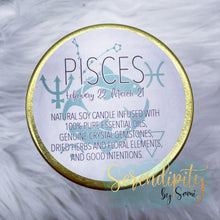 Load image into Gallery viewer, 6oz natural soy wax candle with a double wood wick. I created a special blend of essential oils that are associated with each particular zodiac sign. Each are also infused with floral elements, herbs, and genuine crystal gemstones, each candle containing those specific to their sign.