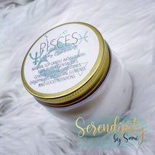 Load image into Gallery viewer, 6oz natural soy wax candle with a double wood wick. I created a special blend of essential oils that are associated with each particular zodiac sign. Each are also infused with floral elements, herbs, and genuine crystal gemstones, each candle containing those specific to their sign.