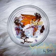 Load image into Gallery viewer, 6oz natural soy wax candle with a double wood wick. I created a special blend of essential oils that are associated with each particular zodiac sign. Each are also infused with floral elements, herbs, and genuine crystal gemstones, each candle containing those specific to their sign.