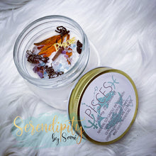 Load image into Gallery viewer, 6oz natural soy wax candle with a double wood wick. I created a special blend of essential oils that are associated with each particular zodiac sign. Each are also infused with floral elements, herbs, and genuine crystal gemstones, each candle containing those specific to their sign.