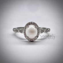 Load image into Gallery viewer, 6x8mm Oval Breast Milk Keepsake Ring with Halo and Marquise Band of Cubic Zirconia
