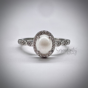 6x8mm Oval Breast Milk Keepsake Ring with Halo and Marquise Band of Cubic Zirconia