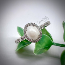 Load image into Gallery viewer, 6x8mm Oval Breast Milk Keepsake Ring with Halo and Marquise Band of Cubic Zirconia
