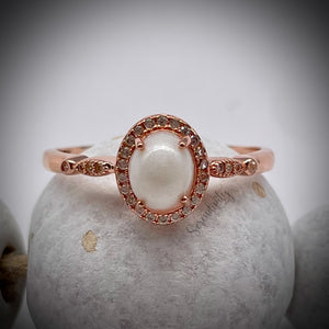 6x8mm Oval Breast Milk Keepsake Ring with Halo and Marquise Band of Cubic Zirconia