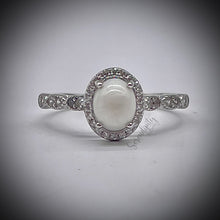 Load image into Gallery viewer, 6x8mm Oval Breast Milk Keepsake Ring with Halo and Marquise Band of Cubic Zirconia
