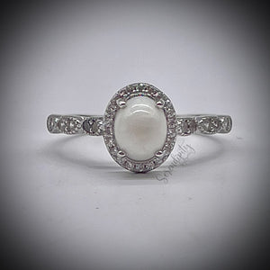 6x8mm Oval Breast Milk Keepsake Ring with Halo and Marquise Band of Cubic Zirconia