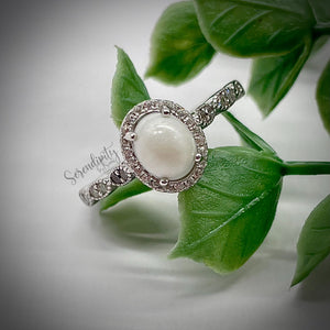 6x8mm Oval Breast Milk Keepsake Ring with Halo and Marquise Band of Cubic Zirconia