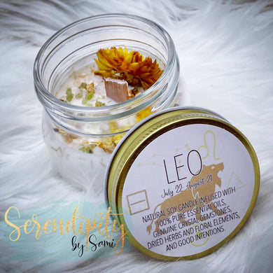 6oz natural soy wax candle with a double wood wick. I created a special blend of essential oils that are associated with each particular zodiac sign. Each are also infused with floral elements, herbs, and genuine crystal gemstones, each candle containing those specific to their sign.