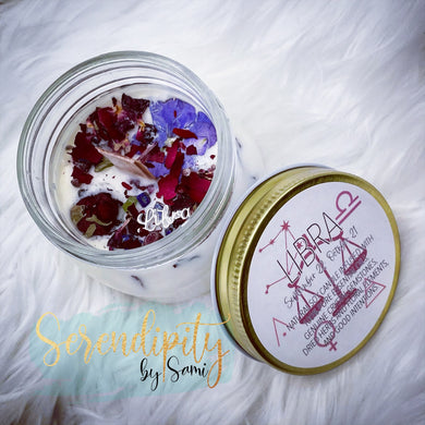 6oz natural soy wax candle with a double wood wick. I created a special blend of essential oils that are associated with each particular zodiac sign. Each are also infused with floral elements, herbs, and genuine crystal gemstones, each candle containing those specific to their sign.