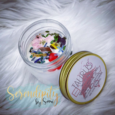 6oz natural soy wax candle with a double wood wick. I created a special blend of essential oils that are associated with each particular zodiac sign. Each are also infused with floral elements, herbs, and genuine crystal gemstones, each candle containing those specific to their sign.